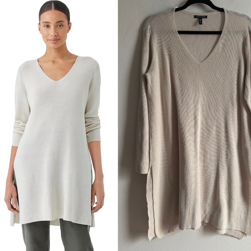 Eileen Fisher Sz M Cream Organic Cotton Knit Long Line Tunic Sweater